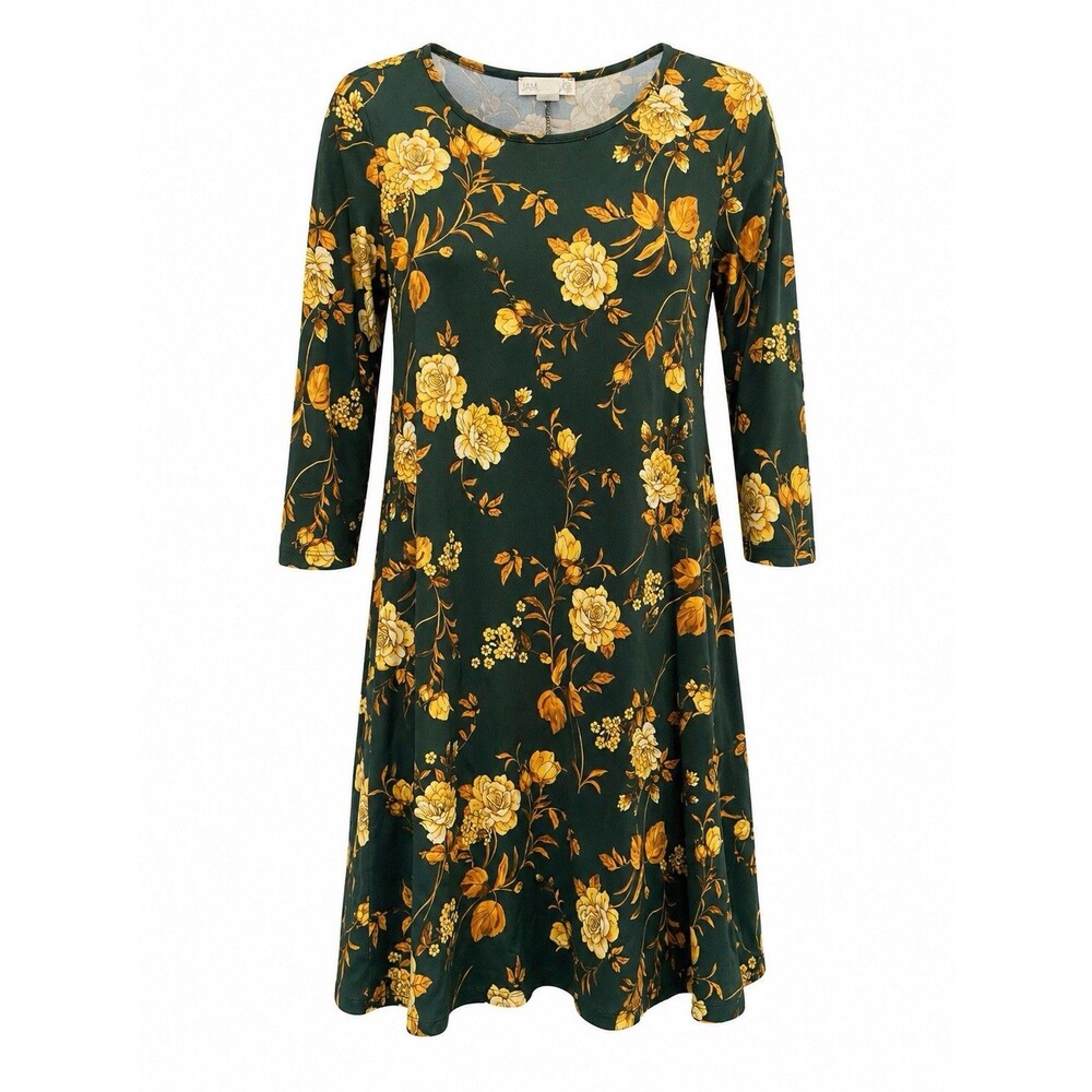Jamie & Layla Floral Swing Dress Medium Green Yellow 3/4 Sleeve Stretch Boho